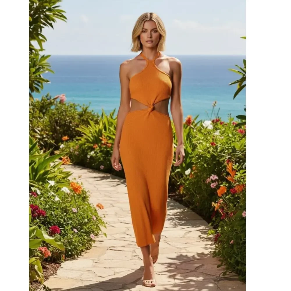 Cult Gaia Cameron Knit Cut Out Maxi Dress Large Orange NWT - Picture 5 of 9